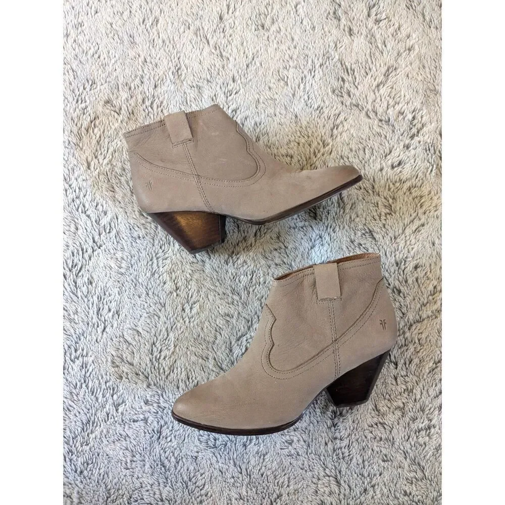 Frye Reina Bootie Boots Heels Leather Tan Taupe Size 7.5